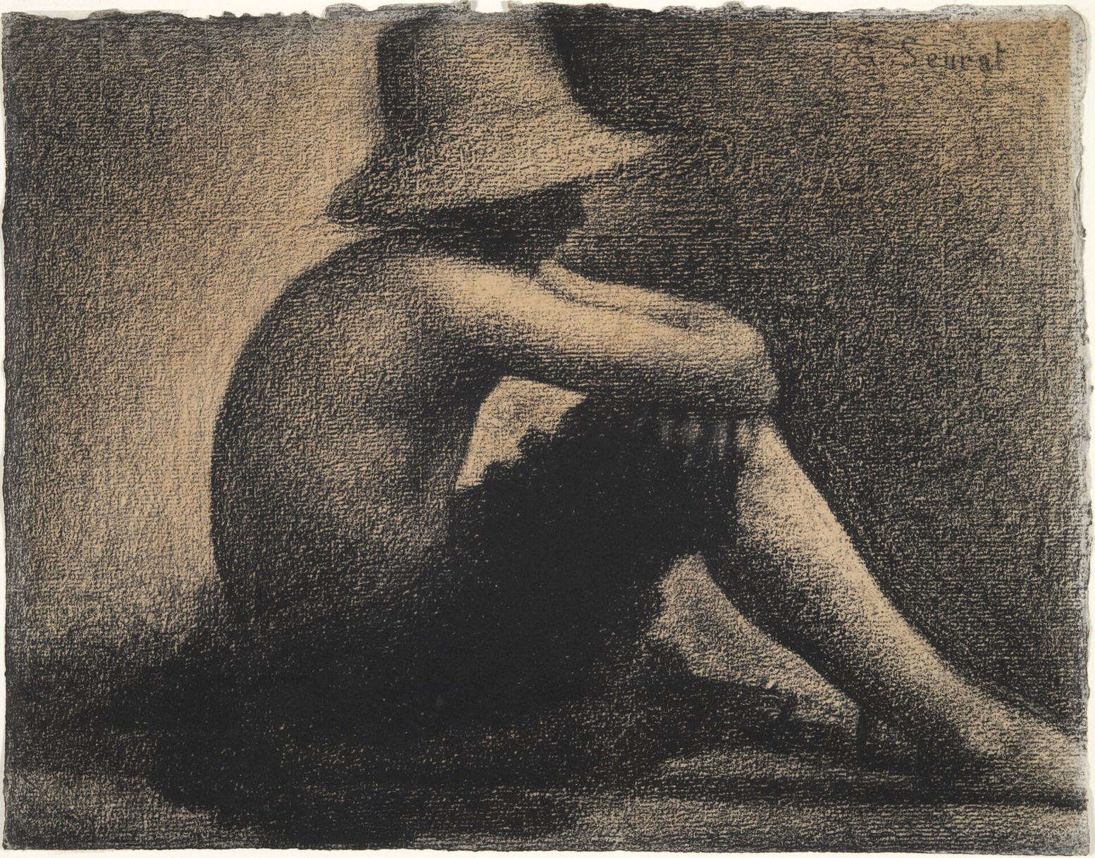 Georges Seurat oil study Seated Boy with Straw Hat for Bathers at Asnières, 1883